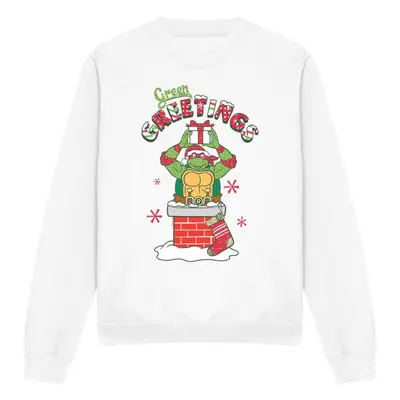 (L, White) Teenage Mutant Ninja Turtles Unisex Adult Green Greetings Christmas Scene Sweatshirt