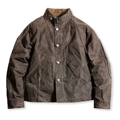 (Khaki, XXL) Maden Stand Collar Oil Waxed Jacket â¢ New Version Men's Jackets Dark Color Amekaj