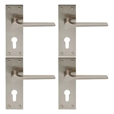 4x PAIR Flat Straight Lever on Slim Euro Lock Backplate x 50mm Satin Nickel