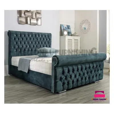 (SuperKing Without Gaslift Storage, Black Plush) CHESTERFIELD VELVET SLEIGH BED FRAME WITH MATTR