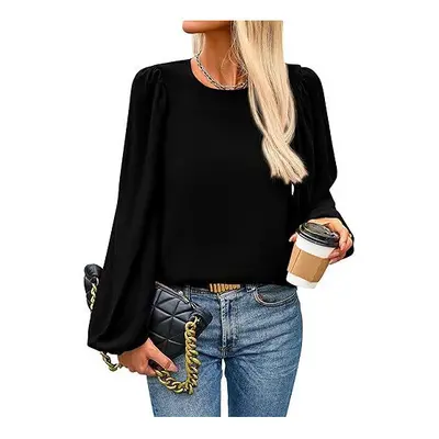 (L, black) New Women's Round Neck Lantern Long Sleeved Chiffon Casual Work Shirt