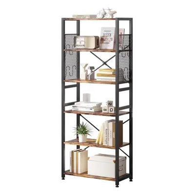 (Rustic Brown) Tier Bookshelf, Standing Bookcase with X-shape Strips,Metal Mesh Side Panels