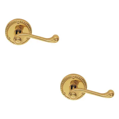 2x PAIR Georgian Scroll Handle on Round Rose Rope Design Pattern Polished Brass