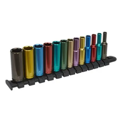 13 PACK Multi Colour DEEP Socket Set 1/4" Metric Square Drive - Pt WallDrive