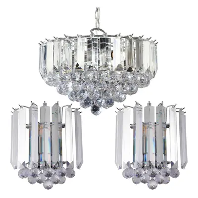 3 Lamp Ceiling & 2x Matching Wall Light Pack Small Chrome Pendant Acrylic Shade