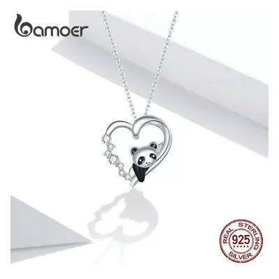 (silver) Bamoer Sterling Silver Playful Baby Panda Pendant Necklaces For Women Adjustable 17.7 I