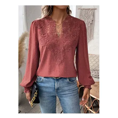 (Brick red, XL) Autumn Women's Clothing New Sexy V-neck Fashion Lace Patchwork Solid Color Shirt