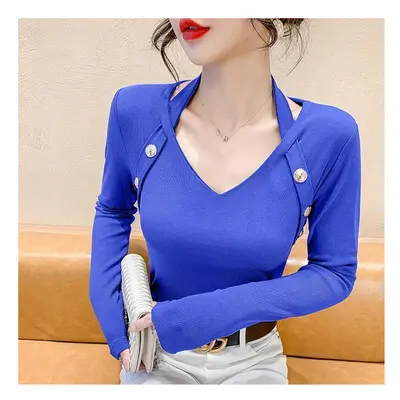 (Blue, XL) Autumn Fashion Slim Buttons Solid Color V-neck Long Sleeve T-Shirts Women Clothes All