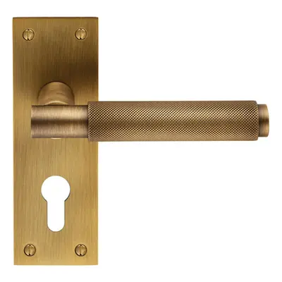 PAIR Knurled Round Lever on Slim Euro Lock Backplate x 50mm Antique Brass