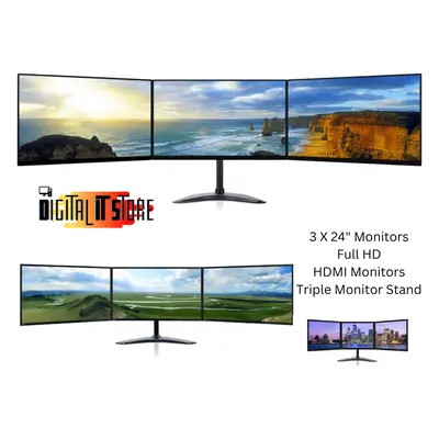 Triple Monitor Screen Bundle 3X 24" FHD IPS HDMI Brand New Stand 1080p