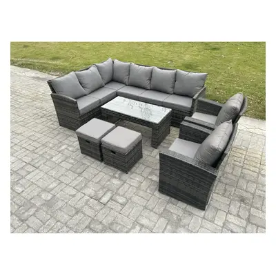 Fimous Rattan Garden Furniture Sets High Back Corner Sofa Oblong Coffee Table Set with Small Foo