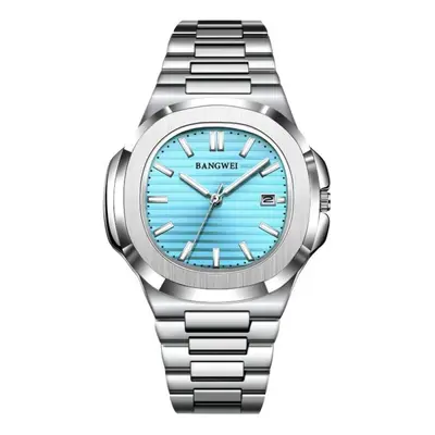 (silver,azure) New Luxury Men Quartz Watches 30m Waterproof Automatic Date Watch Stainless Steel