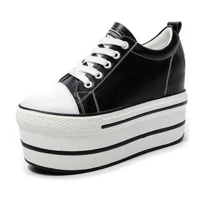 (black, 36) Fujin Super High Platform White High 8cm Wedge Heel Shoes Women&apos;s Fashion Breat