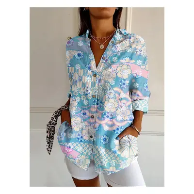 (YK2006, L) Summer Women's Long Shirt Summer European and American Fashion Shirt 3D Pattern Prin