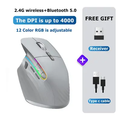 (gray) Bluetooth +Wireless Mouse Rechargeable Colors RGB LED Gaming Mouse Ergonomic Mice for Gam