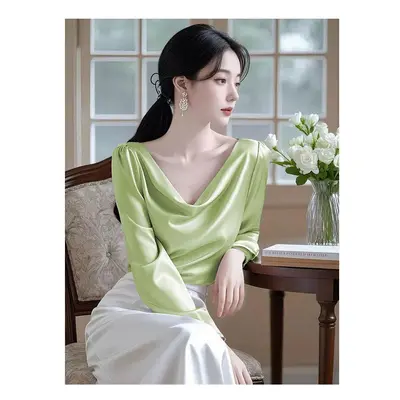 (green, M) Satin Blouse Ladies New Spring Temperament Solid Color Long Sleeve Top Tee Simplicity