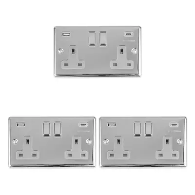 3 PACK Gang UK Plug Socket & Dual 3.1A USB-C & A CHROME & GREY 13A Switched