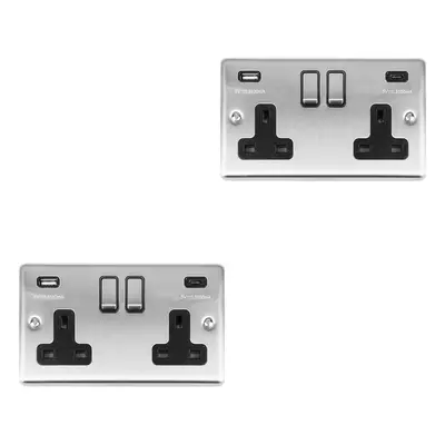 2 PACK Gang UK Plug Socket & 2x 3.1A USB-C & A SATIN STEEL & BLACK 13A Switch