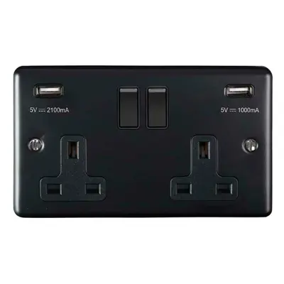 2 Gang Single UK Plug Socket & Dual 2.1A USB MATT BLACK & Black 13A Switched