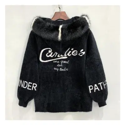 (black, 3XL) Cardigan Women Autumn Korean Fur Collar Hooded Imitation Mink Velvet Knitwear Coat 