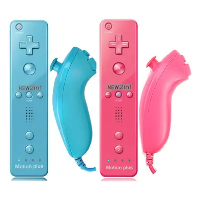 (Blue Pink- Set) 2PCS Remote Controller with Nunchuck Controller for Wii Console Wireless