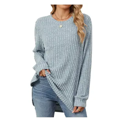 (XXL, light blue) New Round Neck Brushed Solid Color Casual Long-sleeved T-shirt Tops for Women