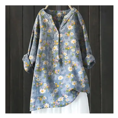 (HCY03, S) Women's Autumn Winter New Fashion Printed Button Up Shirt Long Sleeved Bamboo Linen C