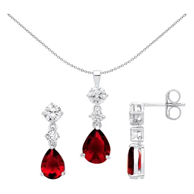 Jewelco London Silver CZ & Ruby Fancy Tear Drop Earring & Pendant Set - GSET630RU