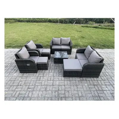 Fimous Garden Furniture Set Rattan Outdoor Lounge Sofa Chair With Tempered Glass Table Footstool