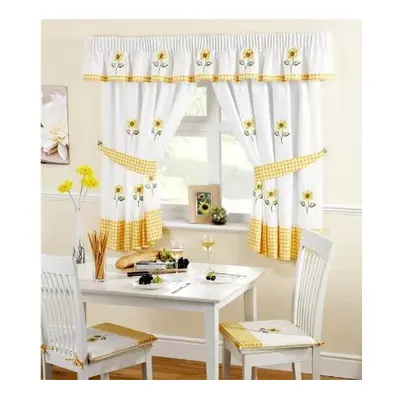 (46" x 54") Sunflower Pencil Pleat Headed Kitchen Curtains and Tiebacks, Yellow/White