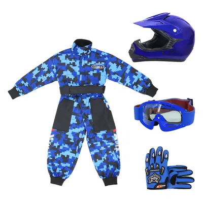 (Blue, M) ZORAX X15 Motorbike Kids Motocross Helmet Karting Gloves Goggles Camo Race Suit