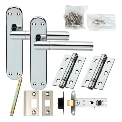 Door Handle & Latch Pack Chrome Round Straight Bar Lever Backplate x 40mm