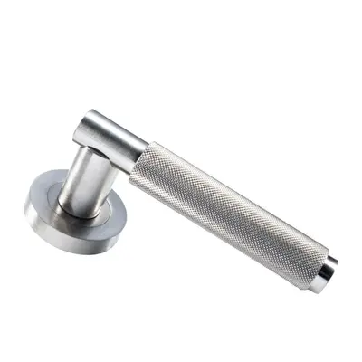 PAIR Knurled Grip Round Bar Handle on Round Rose Concealed Fix Satin Nickel