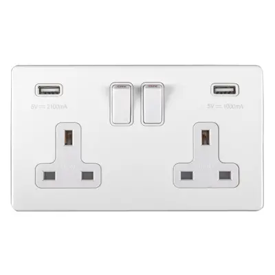 2 Gang Double 13A UK Plug Socket & 2.1A USB-A Charger SCREWLESS MATT WHITE