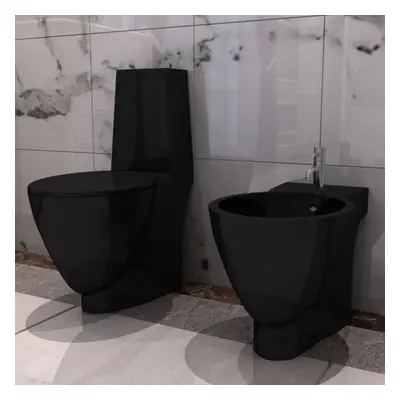 vidaXL Ceramic Toilet & Bidet Set Black Home WC Bathroom Plumbing Fixtures