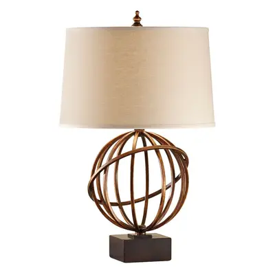 Table Lamp Tilted Orb Design Dark Tan Linen Shade Firenze Gold LED E27 60W