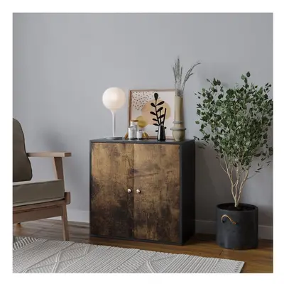 (Black, Rustic Brown Door) 2-Tier Wooden Storage Cupboard