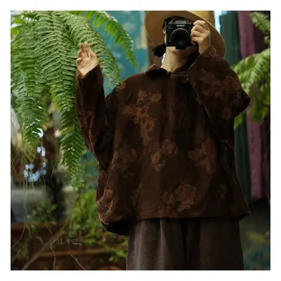 (brown, One Size) Johnature Women Vintage Print Floral Pullover Parkas Turn-down Collar Long Sle