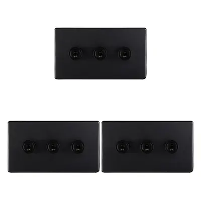 3 PACK Gang Triple Retro Toggle Light Switch SCREWLESS MATT BLACK 10A Way