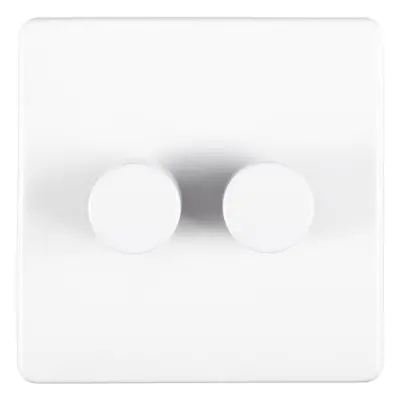 2 Gang Rotary Dimmer Switch Way LED SCREWLESS MATT WHITE Light Dimming Wall