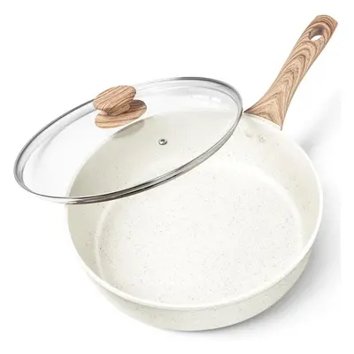 (Saute Pan 28cm, White) Frying Pan, Non Stick Frying Pan 28cm, Deep Frying Pan with Lid with Sof