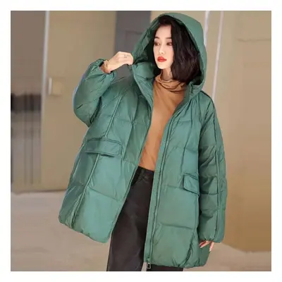 (green, One Size) Women White Duck Down Jacket Hooded Autumn Winter Warm Oversize Puffer Coat Ca