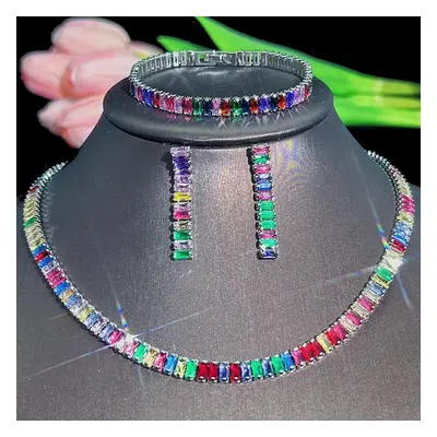 (silver) Cmm Dazzling Multicolor Cubic Zirconia Rectangle Shape White Golden Color Chain Link Ne