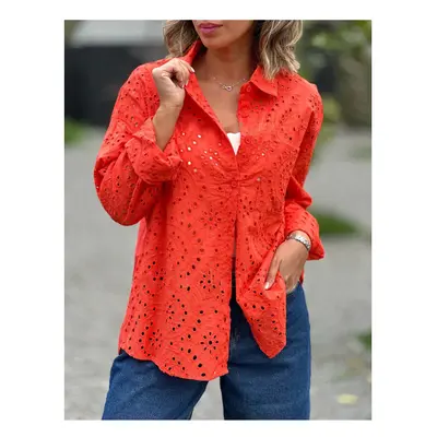 (Red, L) Spring Youth Elegant Women's Hollow Shirt New Shirt Single Breasted Fashion Flip Collar