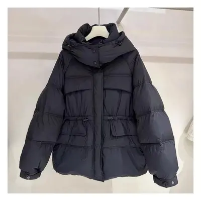 (black, S) Women&apos;s Autumn Winter Down Jacket Short Hooded Single Breasted Loose Adjustable 