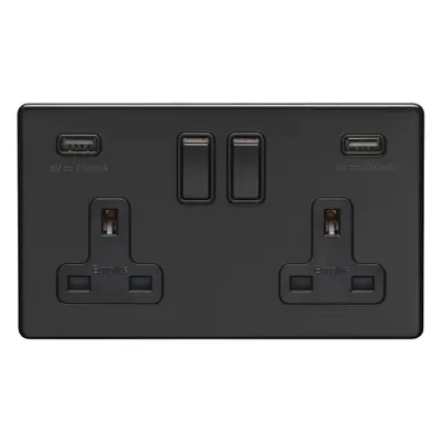 2 Gang Double 13A UK Plug Socket & 2.1A USB-A Charger SCREWLESS MATT BLACK