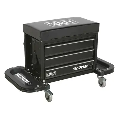 Mechanics Utility Seat & Toolbox - Folding Side Trays - Swivel Castors - Black