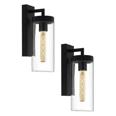 2 PACK IP44 Outdoor Wall Light Black & Clear Glass shade 60W E27 Porch Lamp