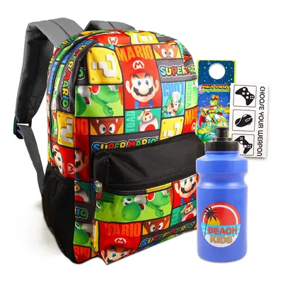 Super Mario Backpack for Boys - Mario School Supplies Bundle with 16"" Backpack Plus Water Bottl