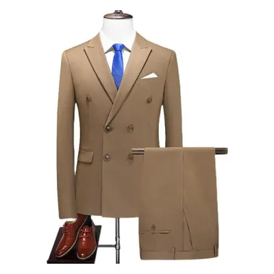 (khaki, 3XL) Fashion Men&apos;s Business Double Breasted Solid Color Suit Coat / Male Slim Weddi